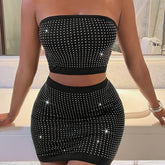 Conjunto Top Tube Sem Alças e Saia Mini Bodycon com Strass | Letícia Couture