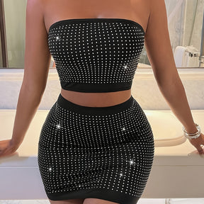 Conjunto Top Tube Sem Alças e Saia Mini Bodycon com Strass | Letícia Couture