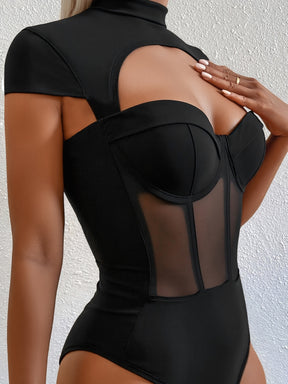 Bodysuit de Malha Transparente com Decote Alto Modelagem Justa | Brenda Couture