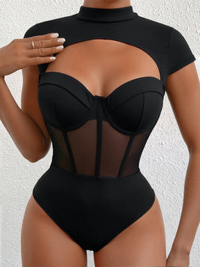 Bodysuit de Malha Transparente com Decote Alto Modelagem Justa | Brenda Couture