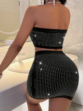 Conjunto Top Tube Sem Alças e Saia Mini Bodycon com Strass | Letícia Couture