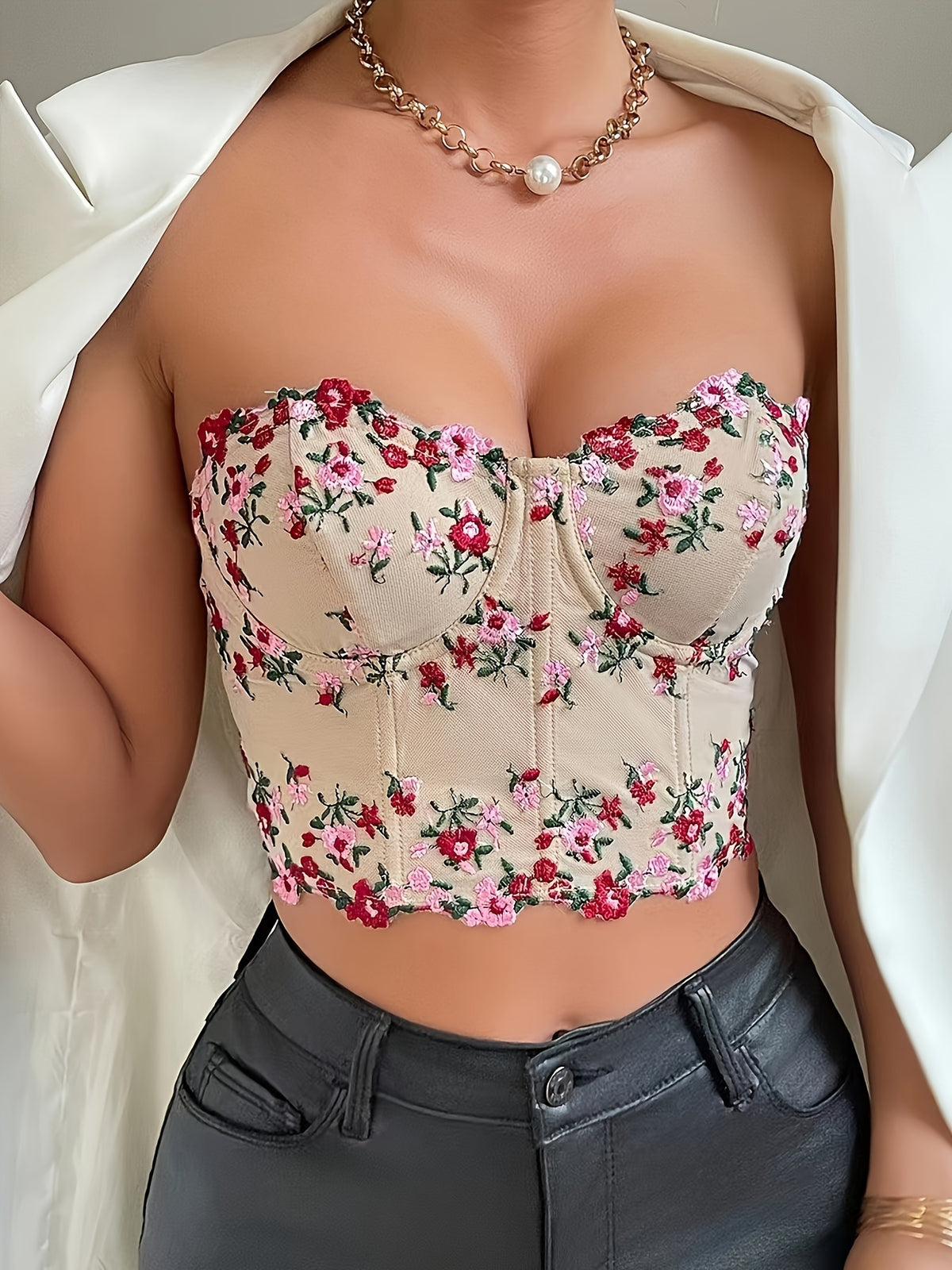Top Tomara Que Caia Floral Branco Marfim Modelagem Justa | Chloe Florale