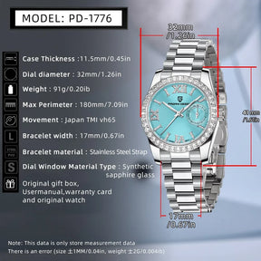 Relógio Feminino Pagani Ocean Quartz com Cristal de Safira e Pulseira de Aço Inoxidável