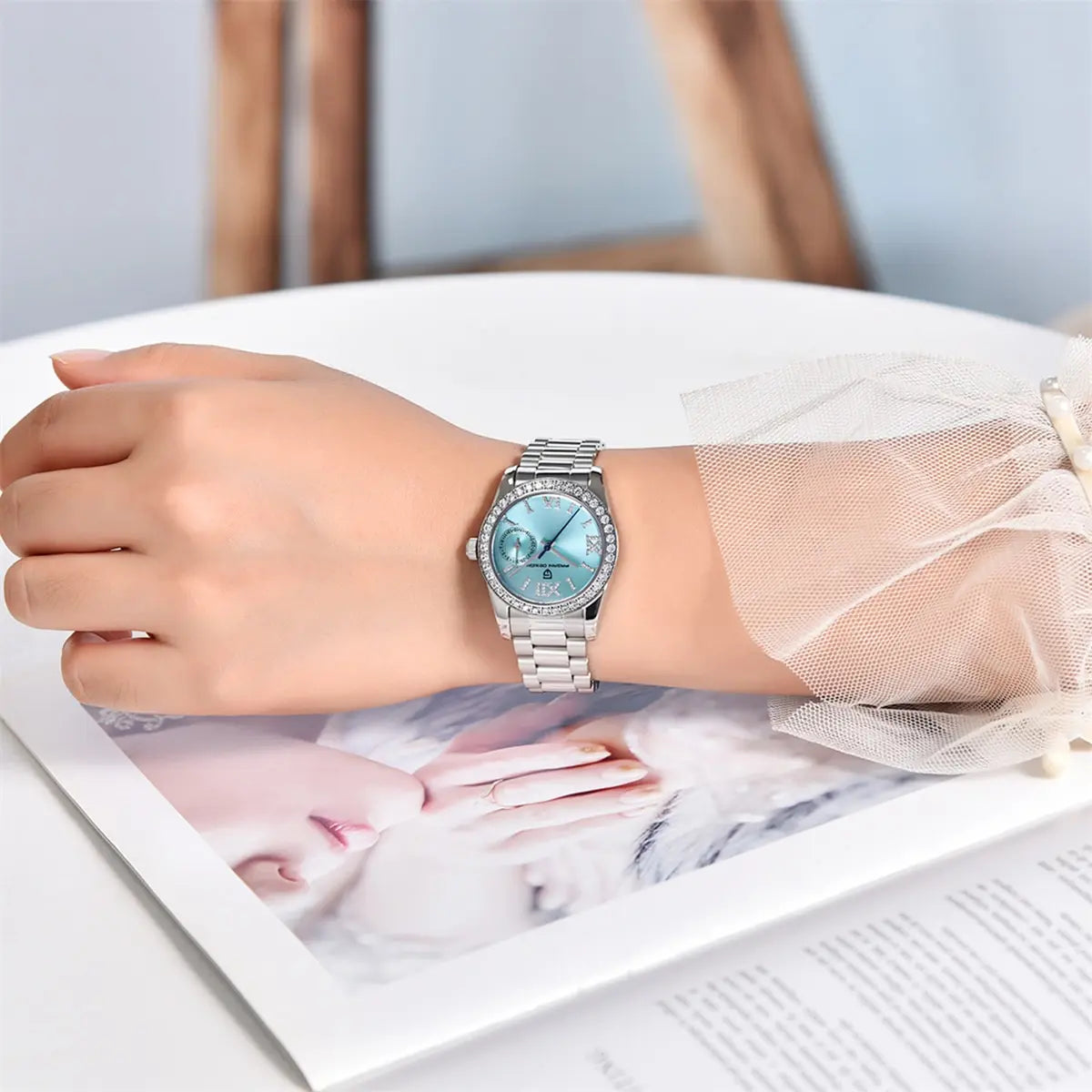 Relógio Feminino Pagani Ocean Quartz com Cristal de Safira e Pulseira de Aço Inoxidável
