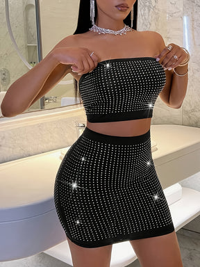 Conjunto Top Tube Sem Alças e Saia Mini Bodycon com Strass | Letícia Couture
