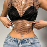 Top Cropped de Malha Transparente com Strass | Sarah Couture