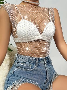 Top Cropped de Malha Transparente com Strass | Sarah Couture