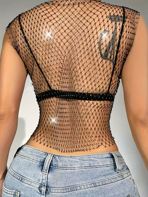 Top Cropped de Malha Transparente com Strass | Sarah Couture