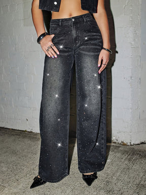 Jeans Feminino Cintura Alta com Strass - Isabella Glam - LumiaVibe