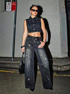 Jeans Feminino Cintura Alta com Strass - Isabella Glam - LumiaVibe