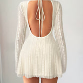 Vestido Bianca | Sexy A - Line Branco com Manga Longa e Detalhe de Laço - LumiaVibe
